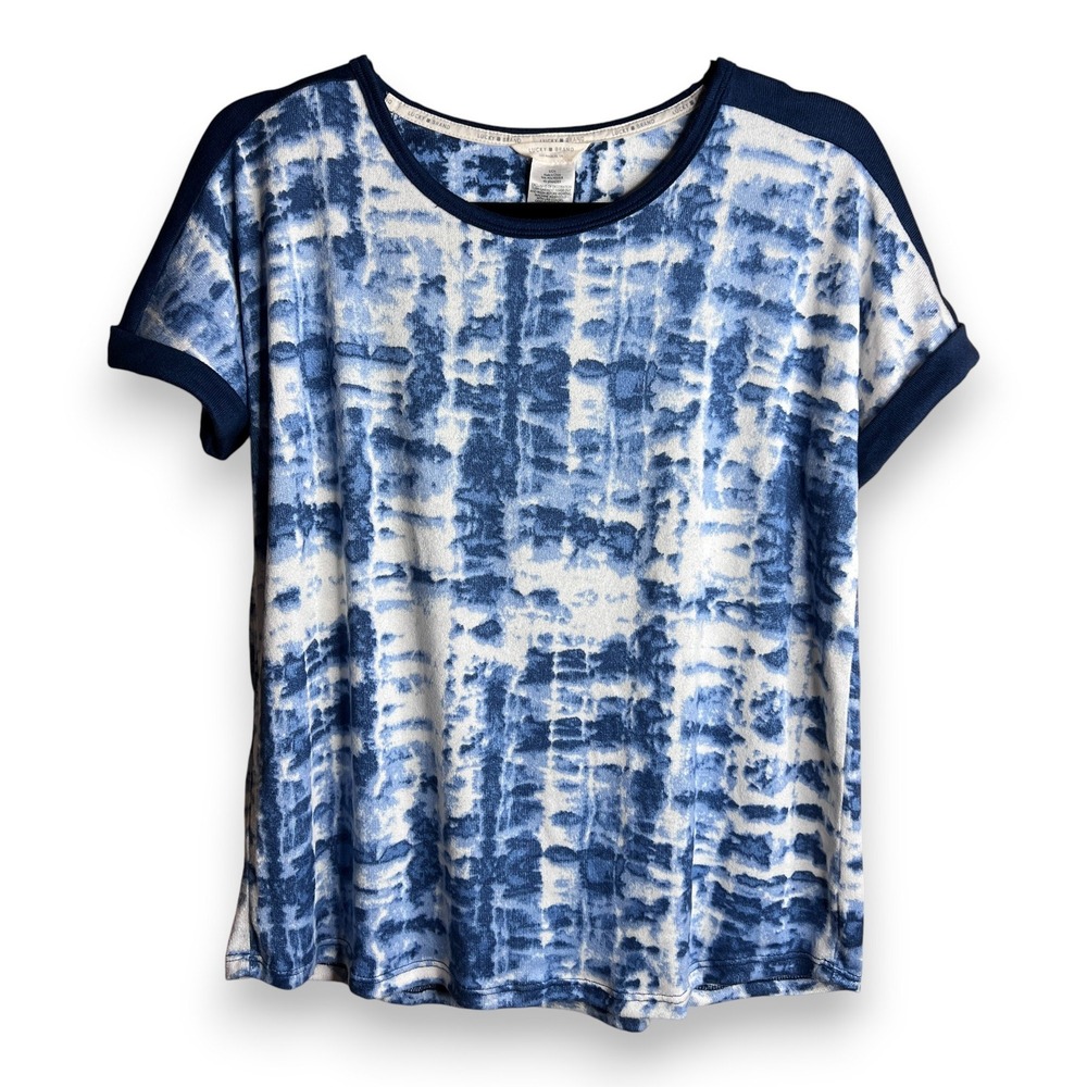 Lucky Brand Womens Blue White Tie Dye Short Sleeve‎ Knit Top S Small